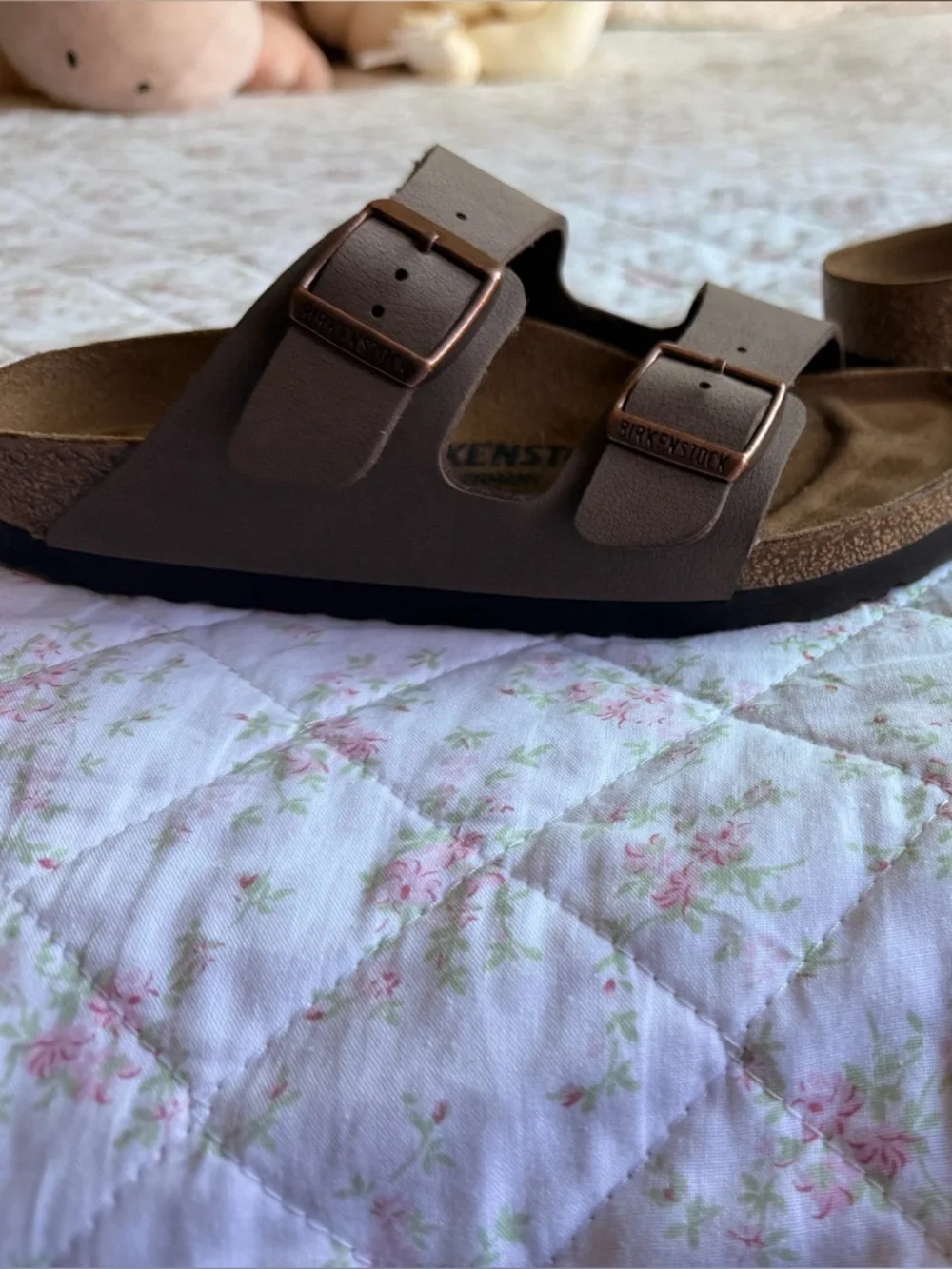 Birkenstock Kids Double Strap Sandals in Taupe with Rose Gold Buckles - Picture 2 of 5
